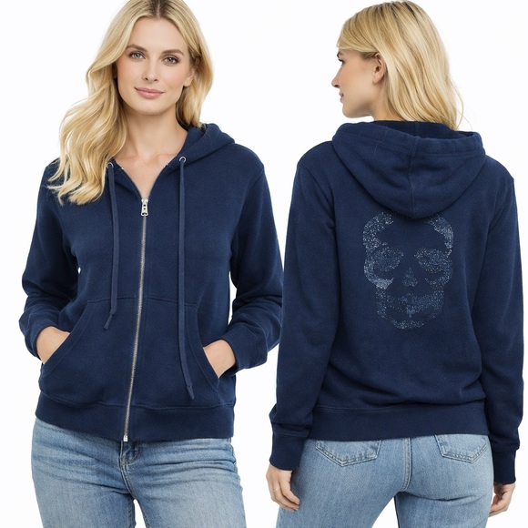 Zadig & Voltaire Sweaters - Zadig & Voltaire Navy Zip Hoodie Cardigan Crystal Skull Navy Blue, oversized XS